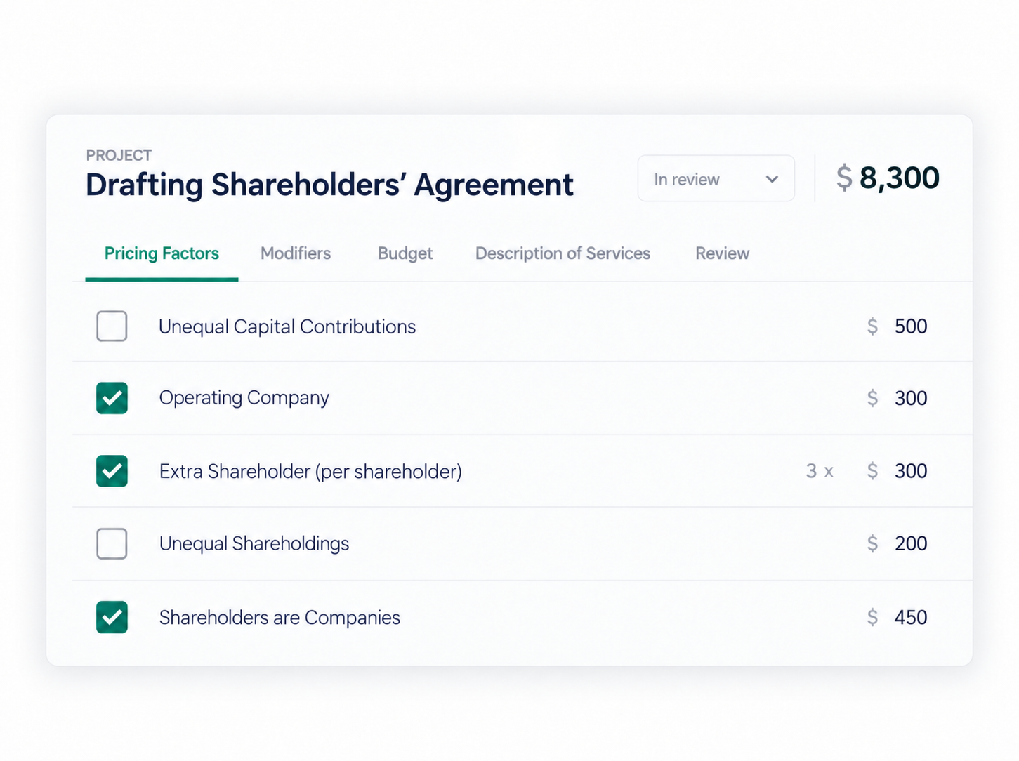 Minimal SaaS Pricing Factors Dashboard